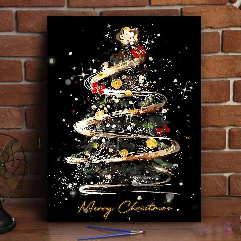 DIY Paint By Numbers Kit Festive Christmas Tree With Gifts Ornaments Canvas Painting, Merry Christmas Holiday Wall Picture, Xmas