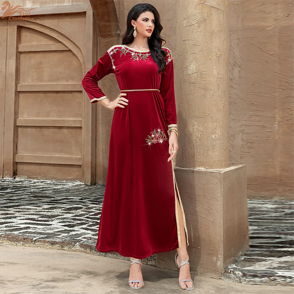 Eid Dubai Velvet Abayas for Women Diamonds Muslim Maxi Dress Turkey Kaftan Caftan Marocain Femme Musulmane Vestido Jalabiya Gown