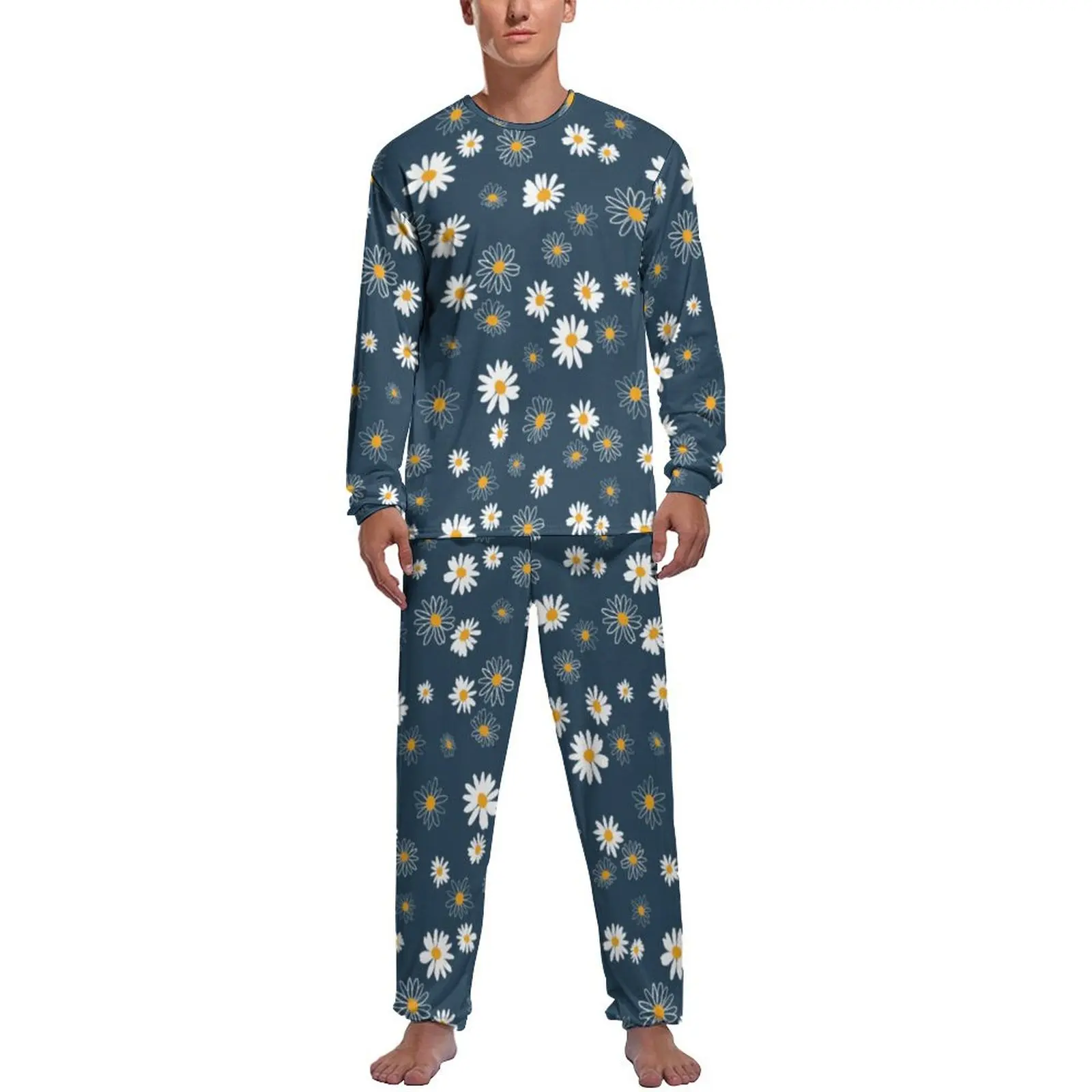 

Daisy Flowers Pajamas Male White Floral Print Retro Nightwear Autumn Long Sleeve Two Piece Casual Custom Pajamas Set