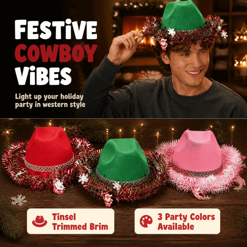 Ribbon Decoration Christmas Cowboy Hat Vintage Sunscreen Western Hat Snowflake Santa Claus Design Wide Brim Hat Valentine Day