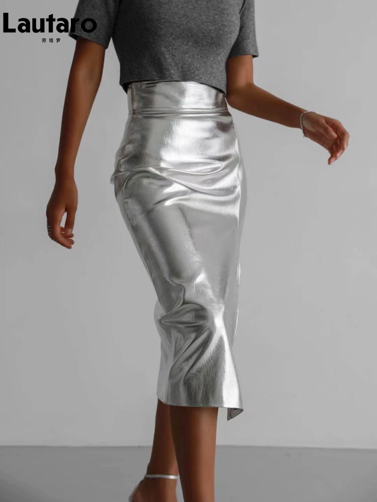 Lautaro Spring Autumn Shiny Black Silver Golden Pu Leather Skirt Women Front Slit High Waist Long Luxury Designer Clothes 2023