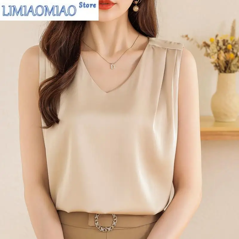 

Летняя атласная белая майка без бретелек, женские блузки, новые повседневные корейские элегантные жилеты без рукавов с v-образным вырезом, рубашки для женщин