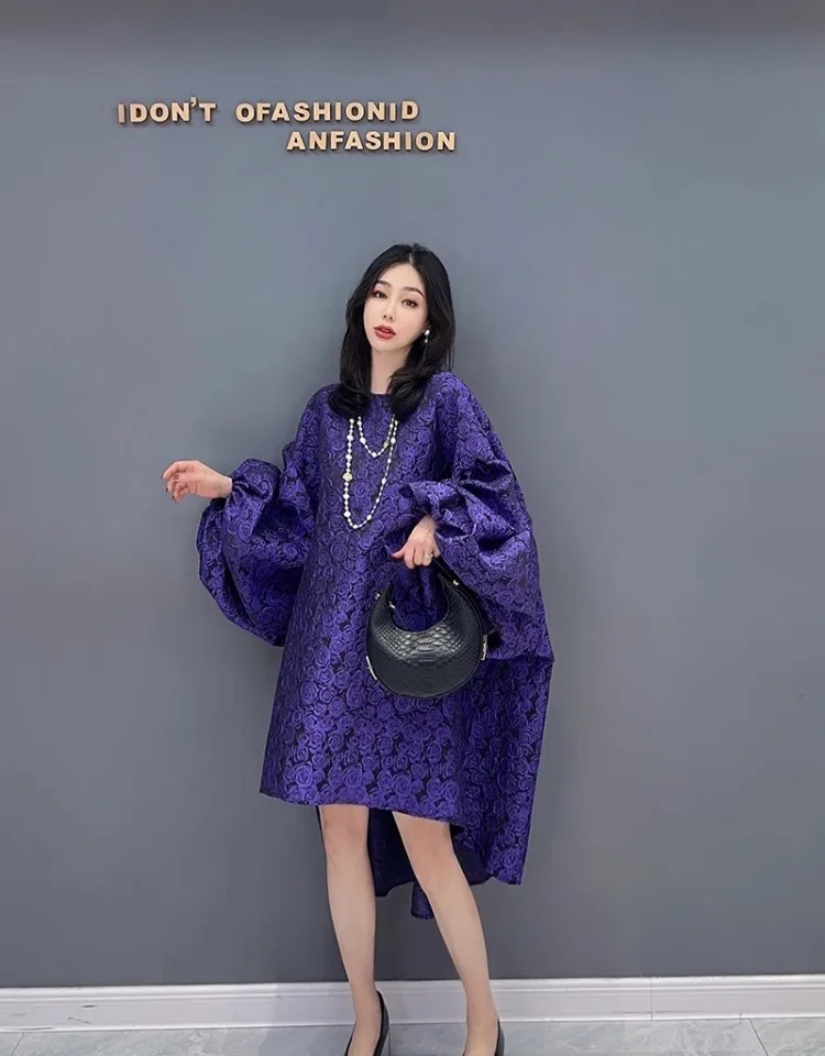 2024 Autumn New Elegant Solid Color O-Neck Loose Flower Short Dress Women Fashion Puff Sleeve Dress Wholesale J559