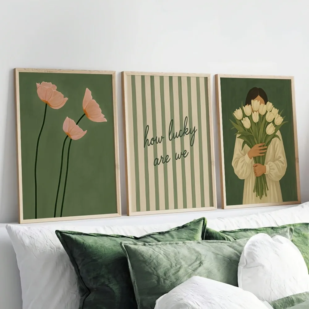 3pcs frameless Canvas Painting 3pcs Romantic Love Quotes Poster,Retro Green Striped Simple Floral Bohemian,Peony Plant Art,Frame