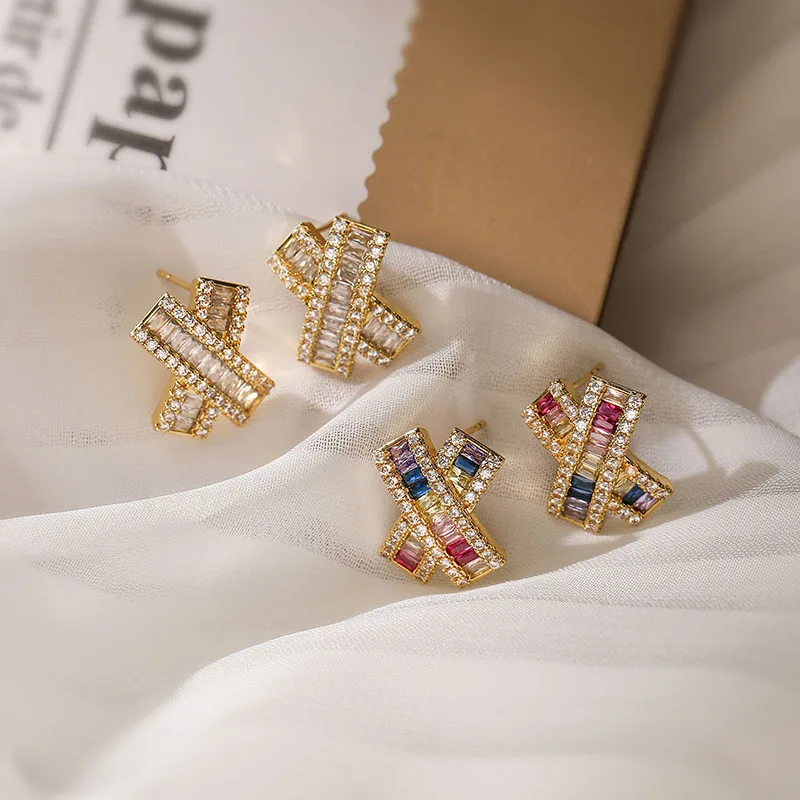 HECHENG,x Shape Earrings Luxury Full of Zircon for Women, Rainbow Stone Ear Studs Wholesale Dropshipping