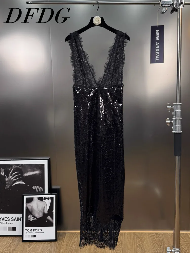 

DFDG женское летнее черное кружевное платье макси с пайетками и глубоким v-образным вырезом без рукавов, элегантное вечернее платье 2025 года, модное женское платье