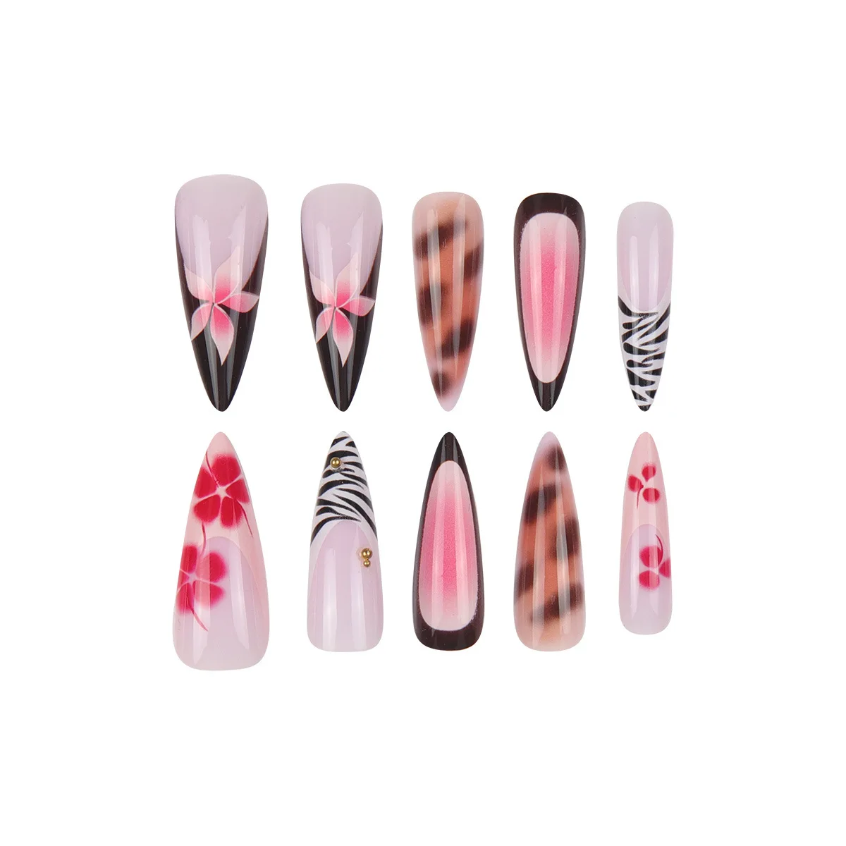 Nude fake nails with pink blue flowers print metal beads rhinestones design Almond shape nail tips press on false nail art view 5