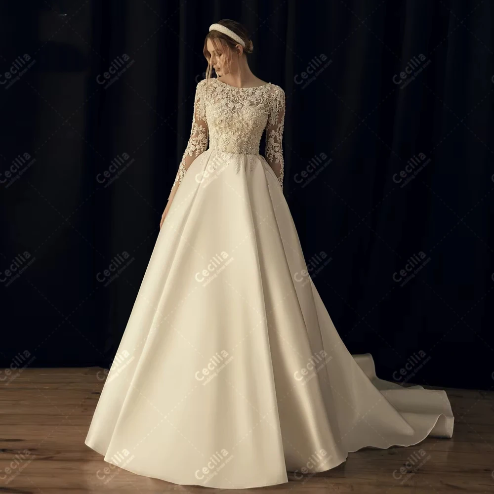 Suknie ślubne vintage, klasyczne suknie ślubne, satynowe szaty, skromne suknie z długim rękawem, sukienki z koronkowymi aplikacjami, suknie ślubne szyte na miarę (Vestidos De Novia)