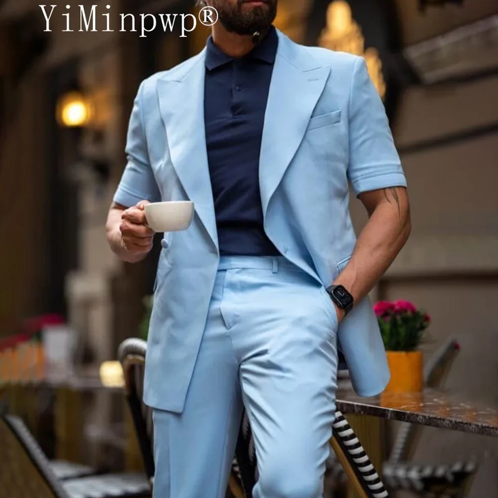 

YiMinpwp Blue Men' Suits Linen Blazer Set for Summer 2 Pieces Party Prom Suit Short Sleeve Daily Casual Wear Blazer Pants XS-5XL