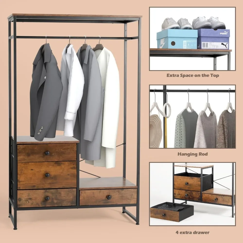 Free Standing Closet Organizer Heavy Duty Garment Rack with 4 drawers Extra Large Entryway Hall Tree