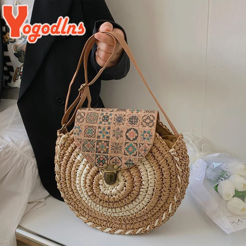 Round Straw Beach Bag Vintage Handmade Woven Shoulder Bags Raffia Circle Rattan Bohemian Summer Vacation Diagonal Pack