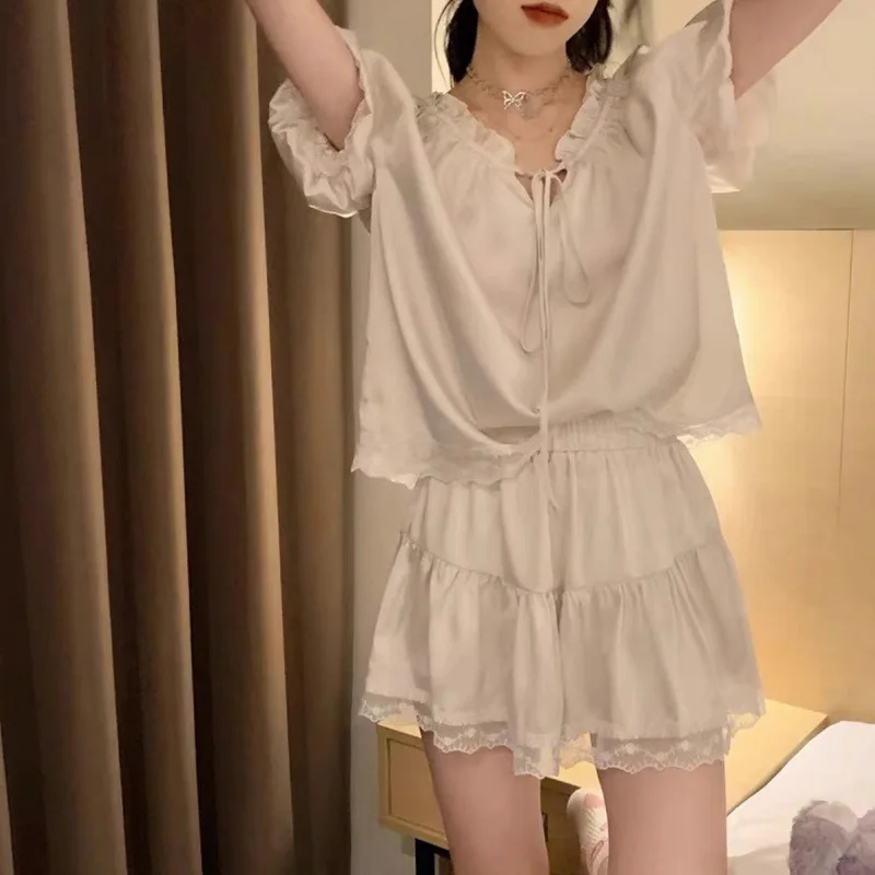 Ling Ice Silk Soft Sleepwear For Women Simple Princess Style Summer Sweet girl's Pajamas Two-piece Set Thin Ruffled Home Clothes