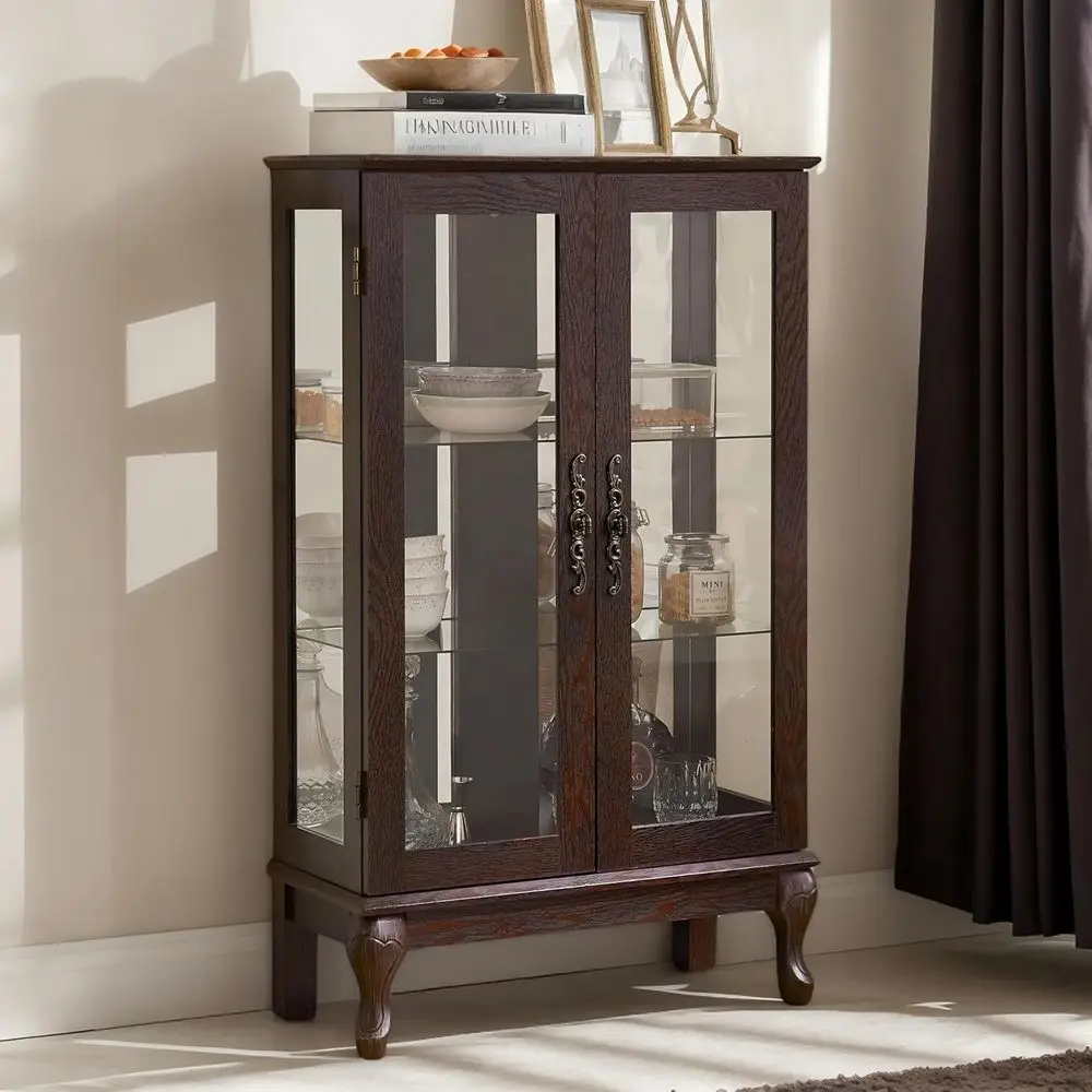 

44 Cherry Wood Lighted Curio Cabinet with Tempered Glass, Adjustable Shelves, Mirrored Back, Ideal for Small Wine Bars or Living