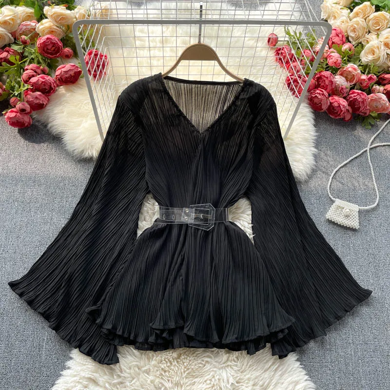 New Spring Autumn Women Sexy V-Neck Flare Sleeve Belt Slim Long Blouse High Quality Miyake Pleated Solid Color Chiffon Shir