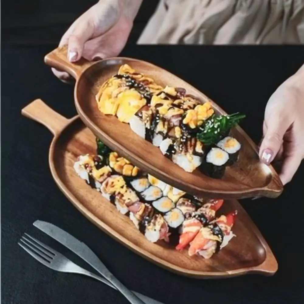 Natural Acacia Wood Leaf Serving Platter Minimalist Snack Dish For Sushi Dessert Afternoon Tea Kitchen Dining Decor