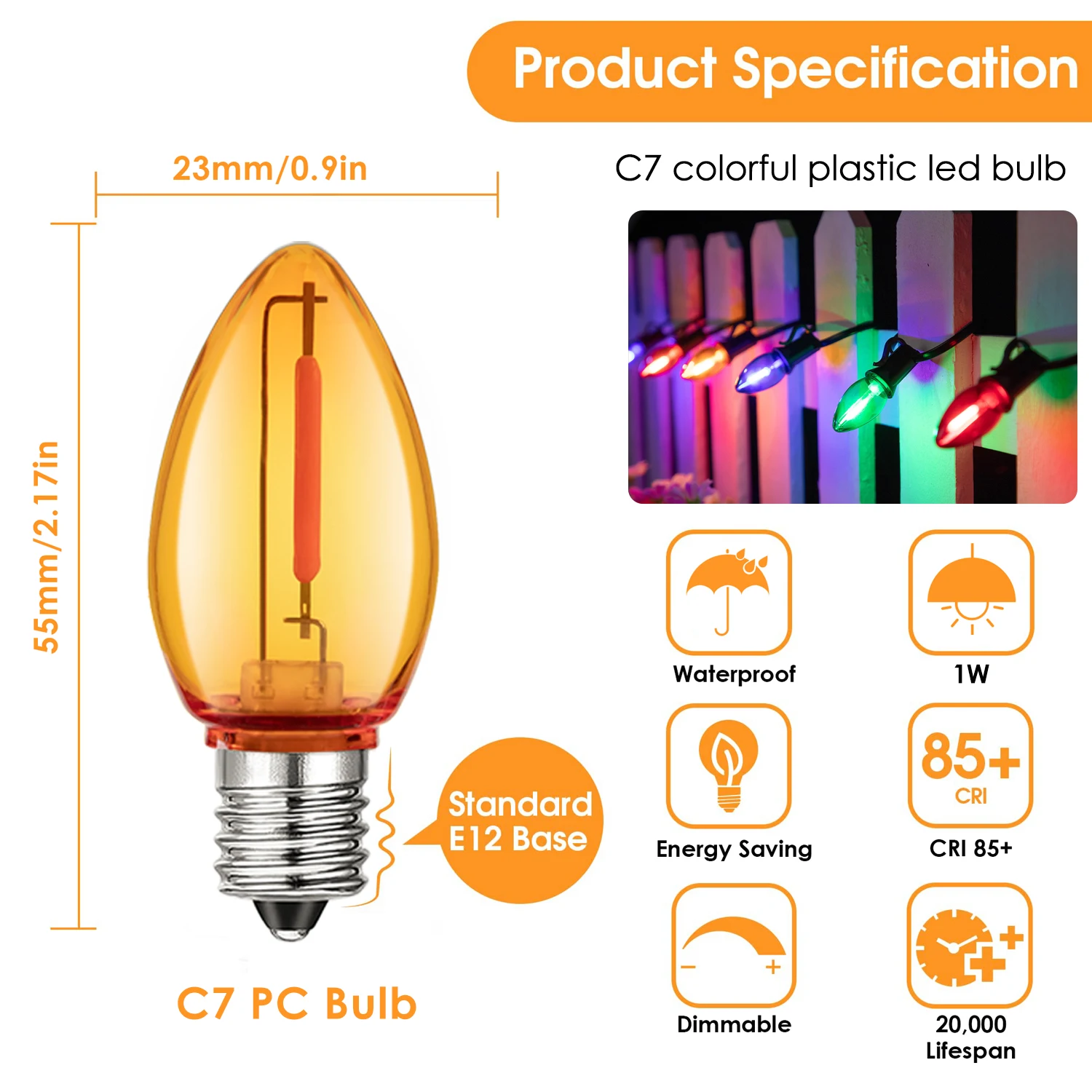 25PCS C7 Christmas Light Bulbs Multicolor PC Plastic Shatterproof 1W Equivalent to 10Watt Partry Decor String Light Replace Bulb