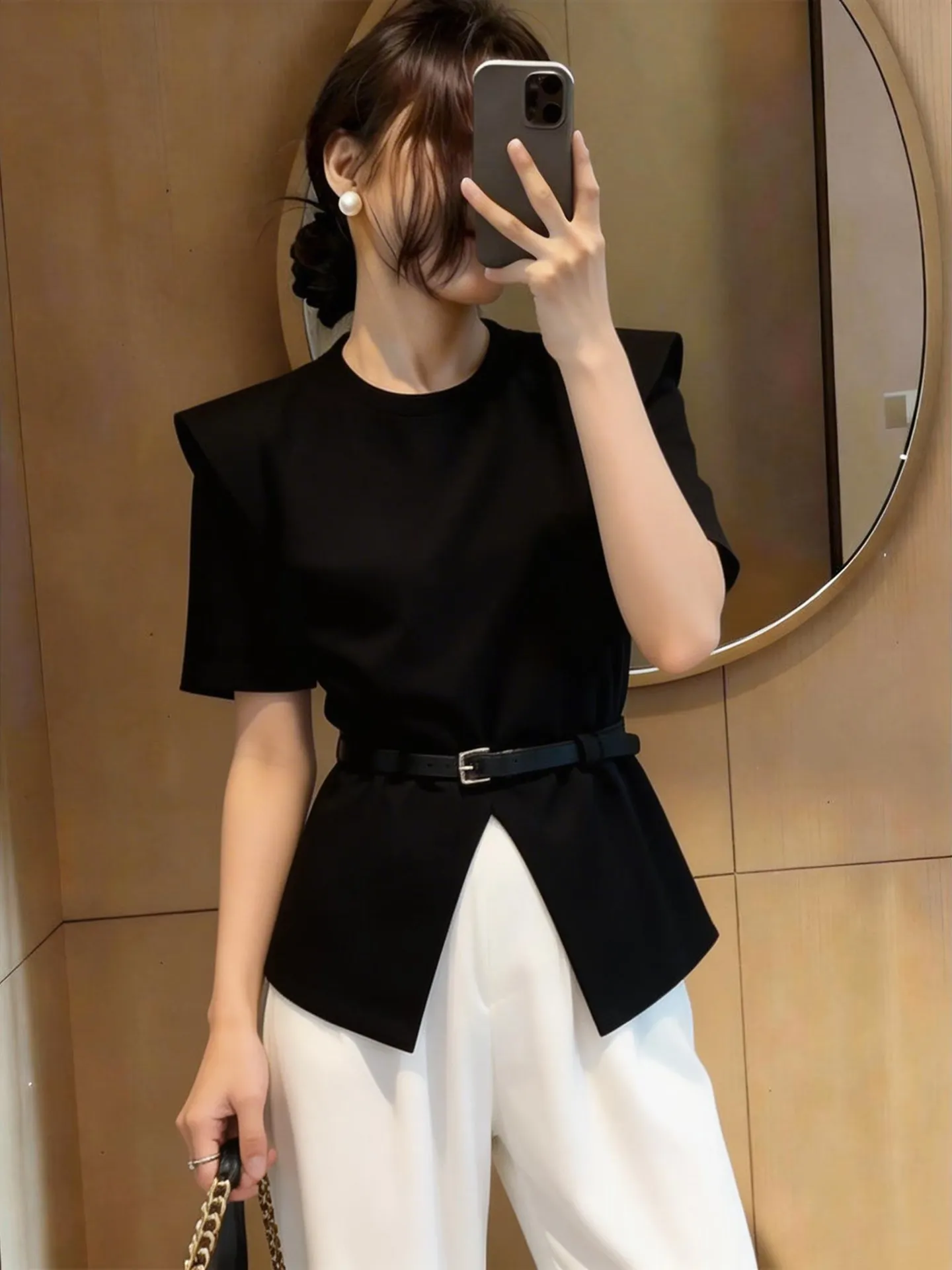 

Elegant Black Short Sleeve Side Slit Top Women's Fashion Casual Commute Slimming High Waist Straight Cut Summer Workwear