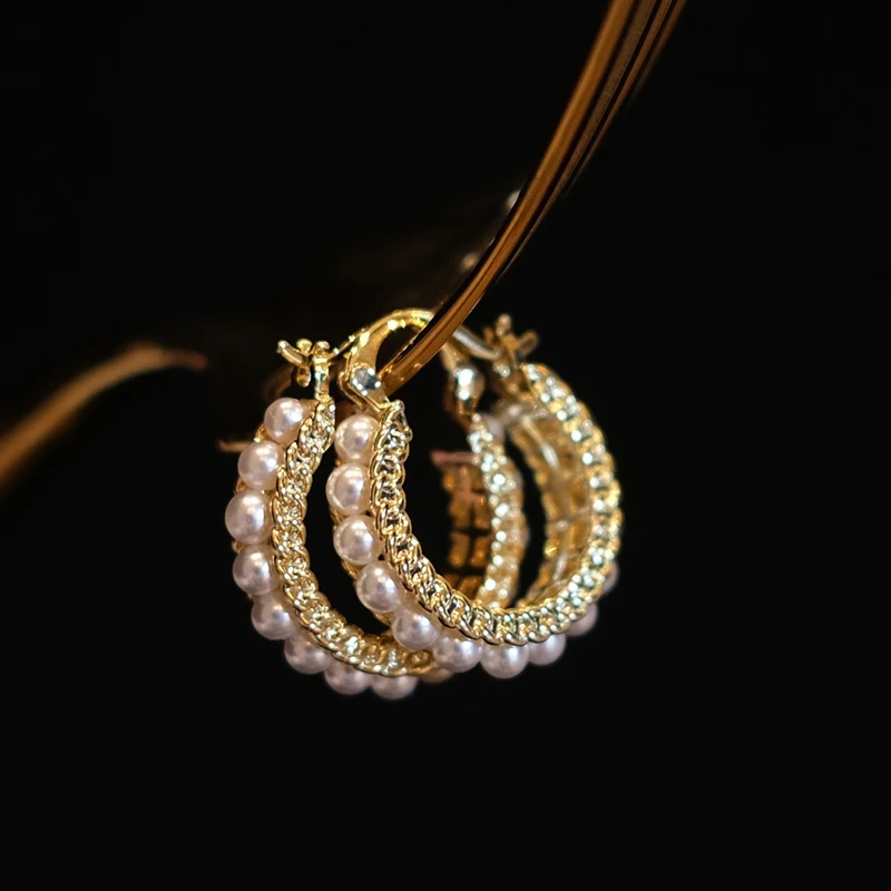 Huitan Dainty Bright Hoop Earrings with Imitation Pearl Exquisite Graceful Engagement Jewelry for Women Gentle Ear Accessories