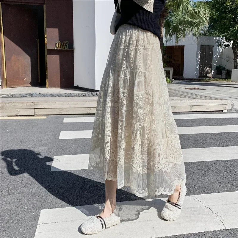 Embroidered Flower Lace Skirt Spring Summer Women High Waist Boho Beach Long Skirts Vintage Pletaed Gauze Skirt Sweet Beige L622