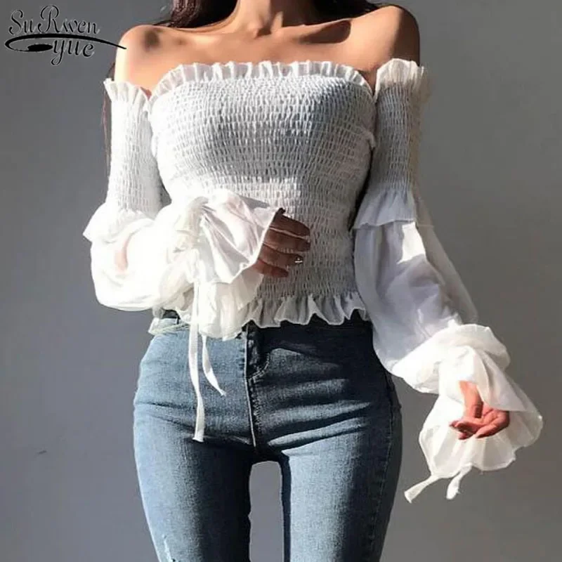 2024 Spring Fashion Women Long Sleeve Off Shoulder Cropped Tops Solid Color Pleated Bow Blouse Ladies Shirt Lace Up Corset 12813