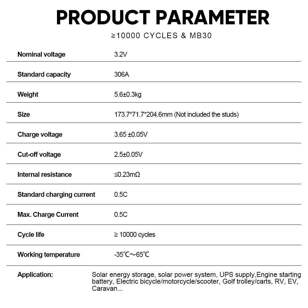 12V 24V 48V Lifepo4 Battery 3.2V EVE 306AH GradeA+ MB30 Above 10000 Cycles  Power Bank V3 Version Terminal Solar EV UPS