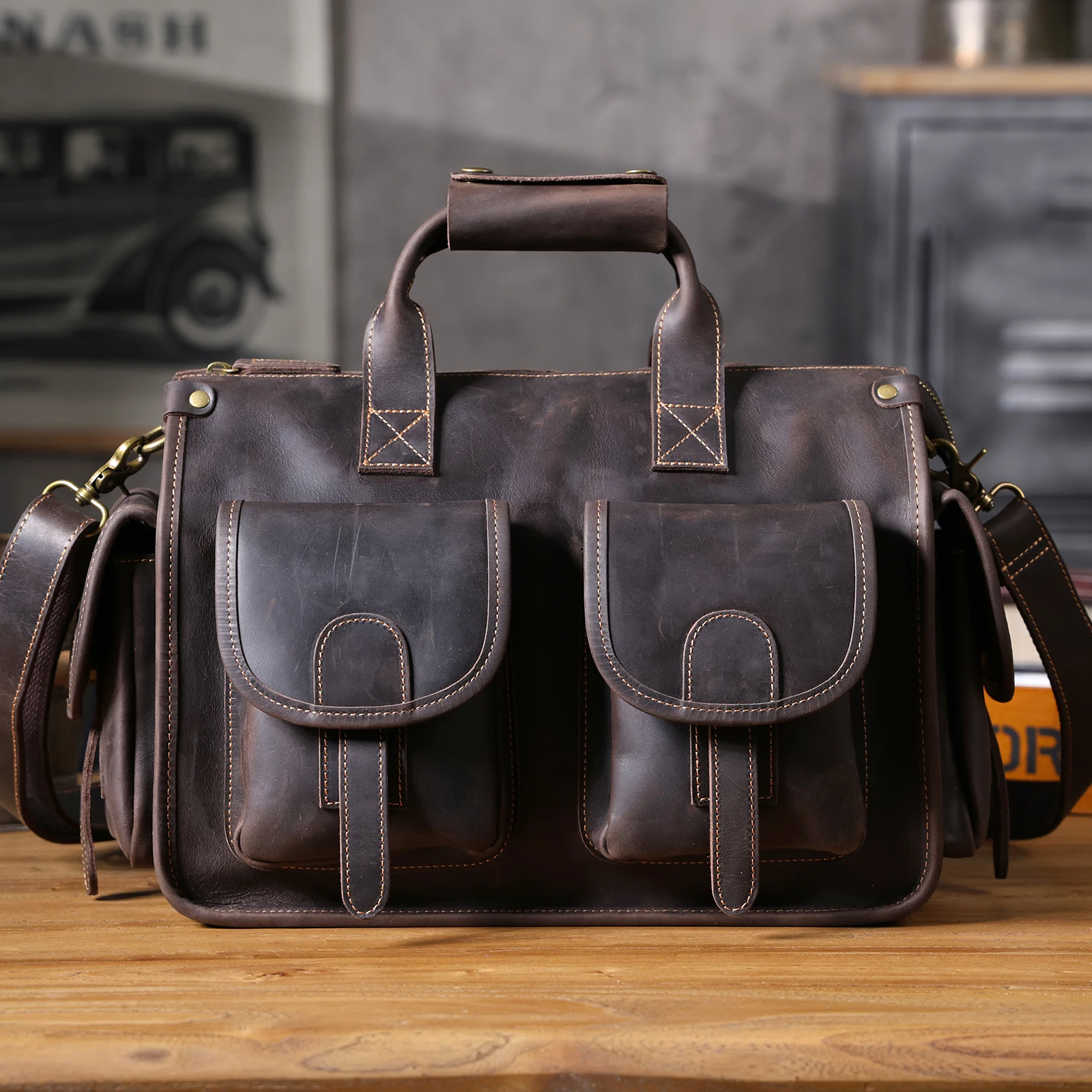 S.WORKER Vintage Echtleder Herren-Aktentasche 14" Laptop-Tasche Crazy Horse Leder Messenger-Handtasche Rindsleder Geschenkidee für Männer – Detail 9