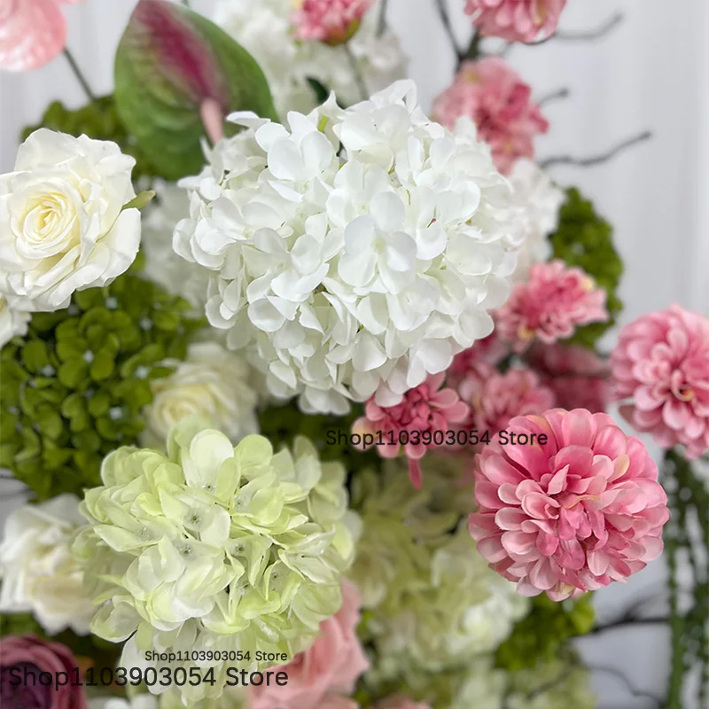 Rosa-grünes künstliches Blumenarrangement, luxuriöse Hochzeitsdekoration für den Gang, Säulen-Blumendeko, Hotel-Bankett, europäisches Tischblumen-Centerpiece – Detail 4