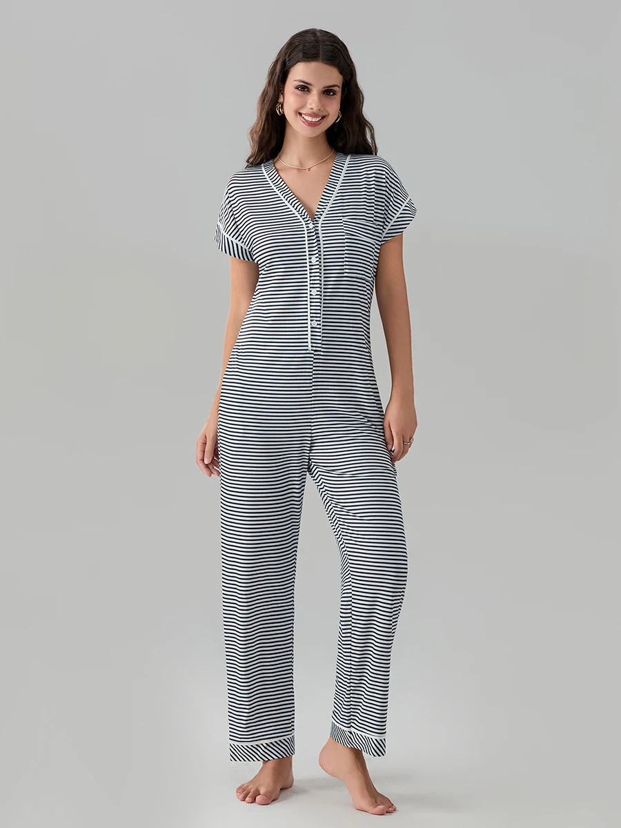 Pyjama boutonné à col en V pour femme, combinaison rayée, manches courtes, poches, coupe décontractée, confortable, doux