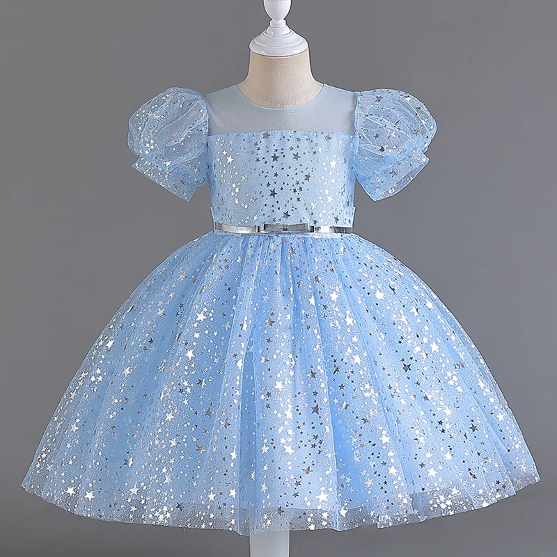 Children\'s Princess dress Metallic style personality printed belt puffy sleeve skirt gauze Peng party #M7603