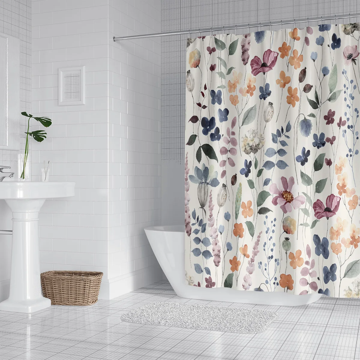 1pc Waterproof Flowers And Plants Series Pattern Shower Curtain with 12 Hooks - 71x71 Inches - Perfect for Bathroom Decoration