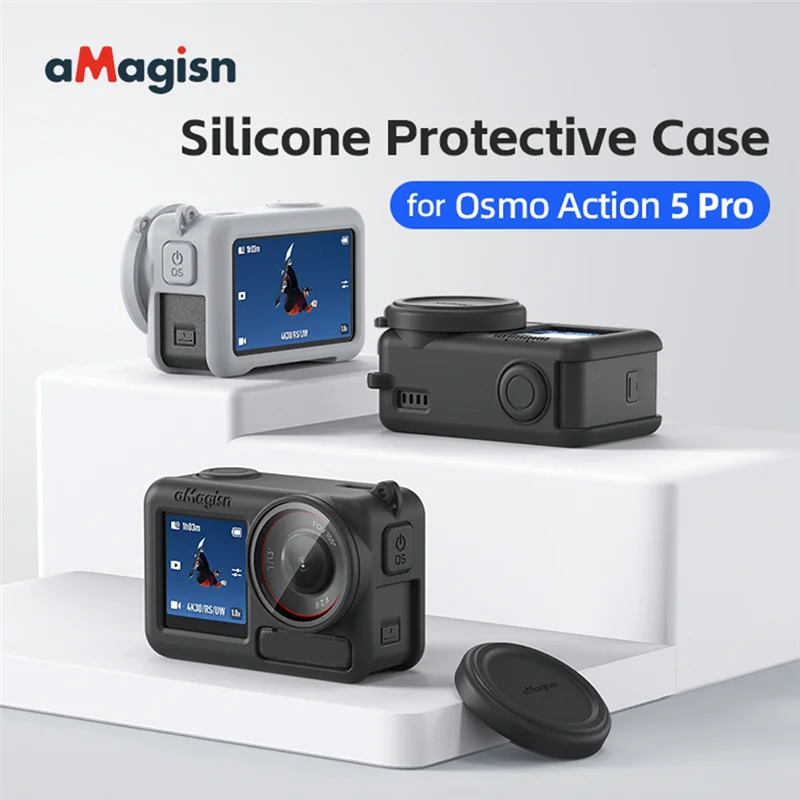 ABDE-Amagisn Silicone Protective Case With Lens Cover Protection Cover Action Camera Accessory For DJI Omso Action 5 Pro