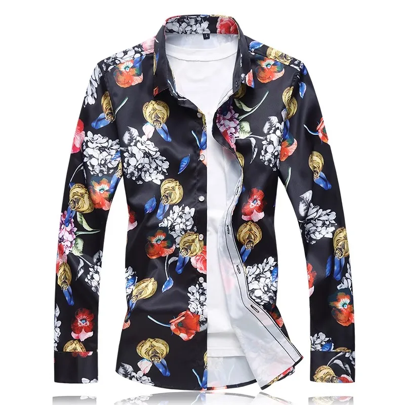 2024 New Men Business Social Flower Shirt Black / White Fashion Male Bar KTV Casual Long-sleeved Shirts