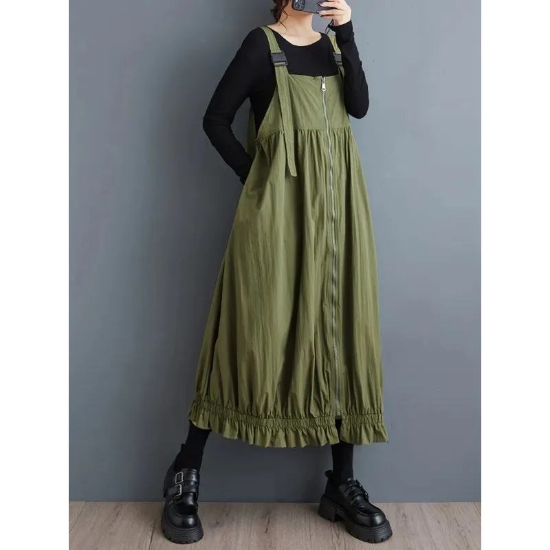 

1pcs Autumn New Hong Kong Style Solid Color Suspender Dress Loose Fit Mid-Length Zipper Design Versatile Casual Dress for Women
