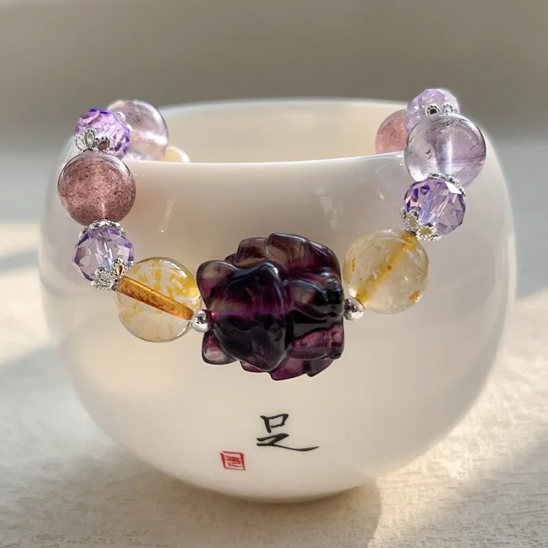 Citrine Amethyst Strawberry Crystal Hair Crystal Fluorite Carving Nine-tailed Fox Duobao Bracelet