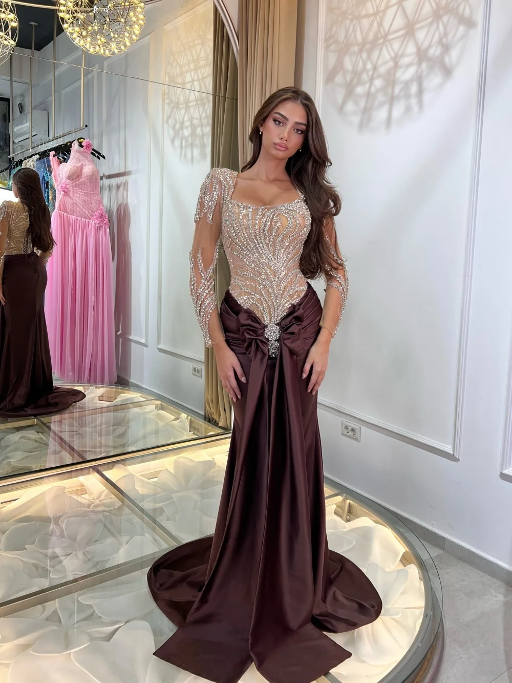 ชุดราตรีแขนยาว GraceProm ปี 2026 ประดับด้วยคริสตัลระยิบระยับ ชุดราตรีทรงเมอร์เมดยาวกรอมพื้น สำหรับงานปาร์ตี้