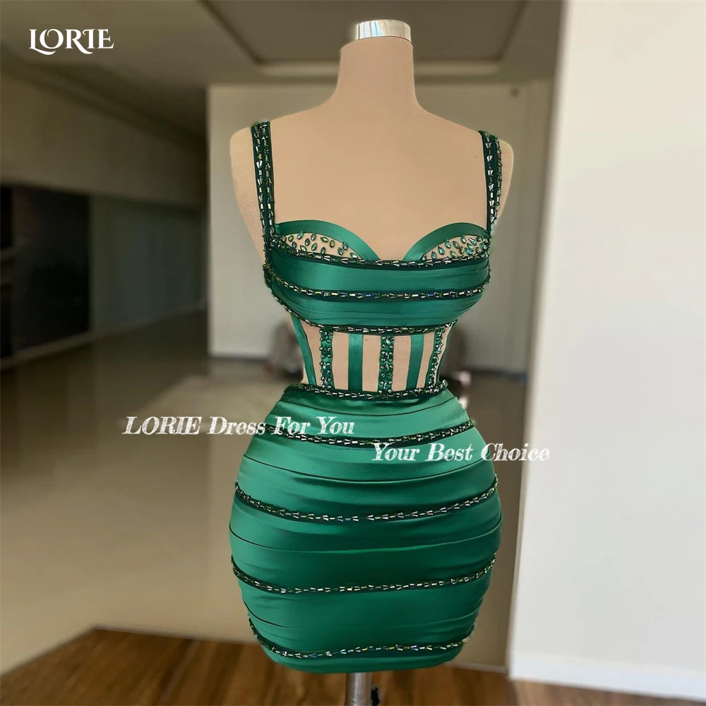 LORIE Dark Green Mini Cocktail Party Gowns Spaghetti Straps Pleats Beadings Dubai Evening Dresses Saudi Arabia Clubbing Dress