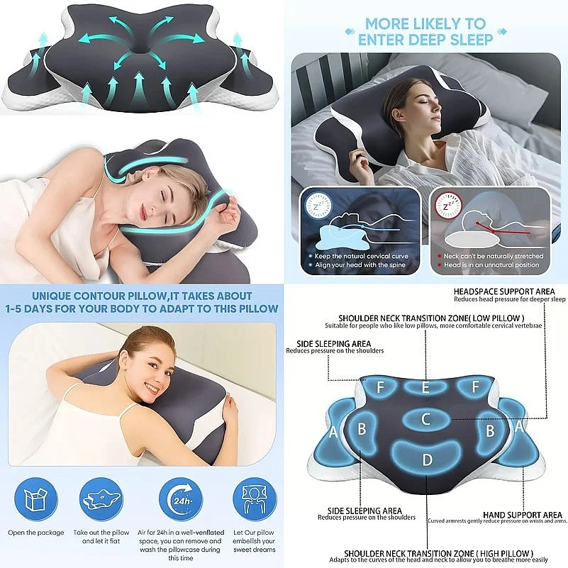Ergonomic memory foam butterfly neck pillow, C-shaped/adjustable dual height, transparent cover support - side/supine/pillow sle