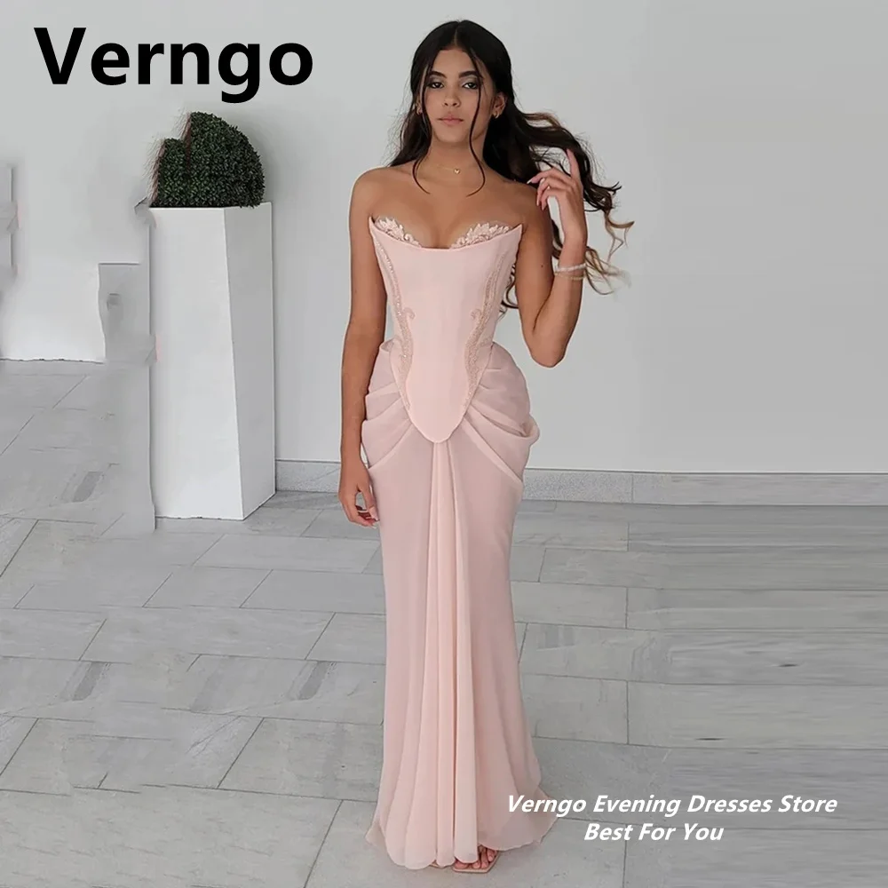 

Verngo Blush Pink Chiffon Evening Gown Lace Applique Mermaid Party Dress Sexy Strapless Formal Dress Lace Up Prom Gowns