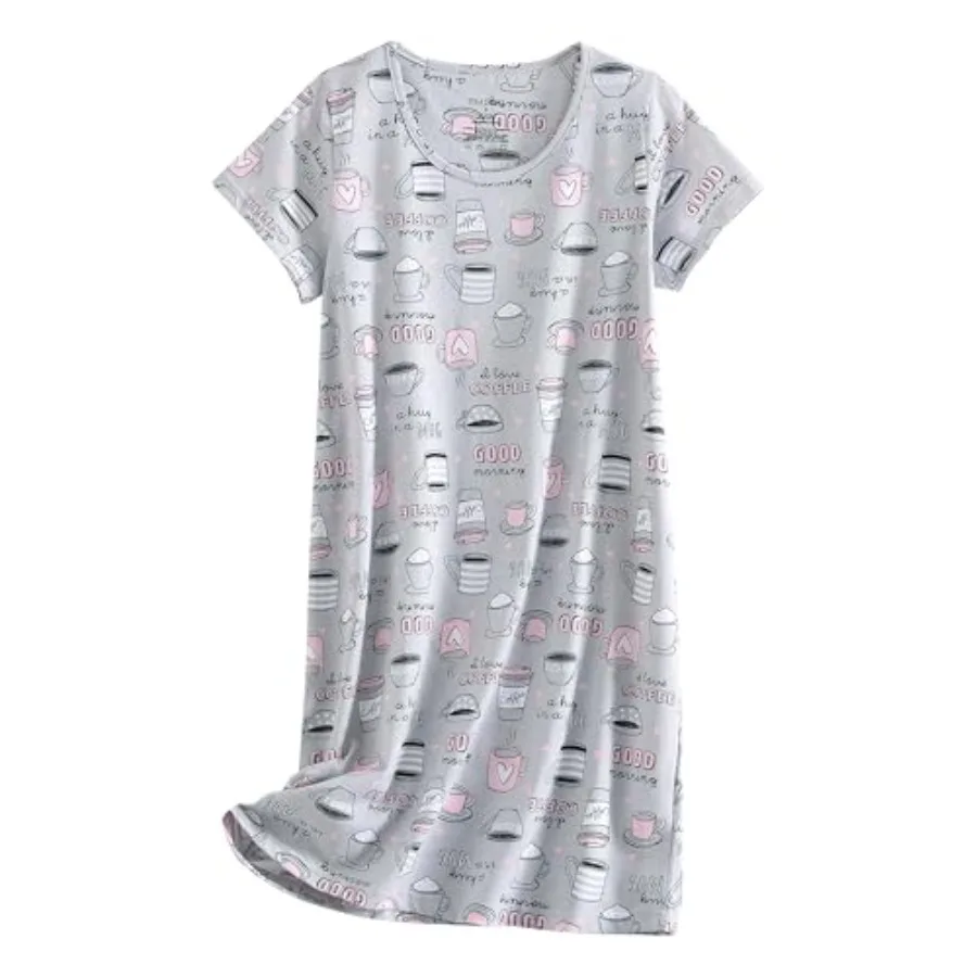 

PNAEONG Women's Cotton Nightgown Sleepwear Short Sleeves Shirt Casual Print Sleepdress