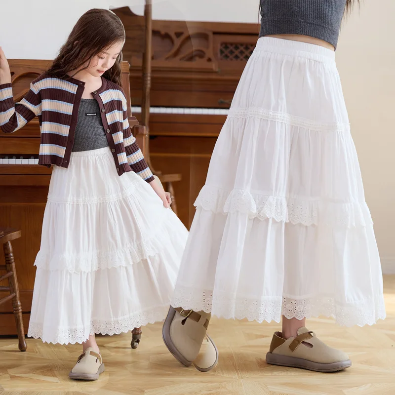 Girls Skirt 2026 Spring Summer White Skirt for Kids Hollow Floral Embroidery Hem A-Line Casual Kawaii Clothes Pleated Skirt