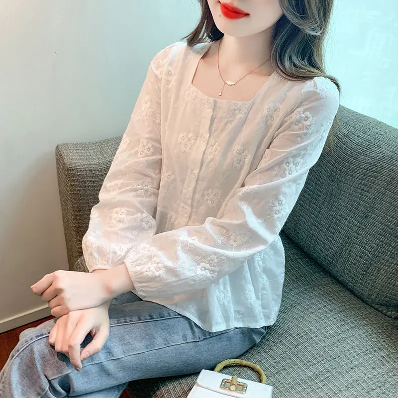 Spring Autumn New Solid Color Shirt Women Square Neck Fashion Long Sleeve Button Patchwork Cardigan High Street Embroidered Tops