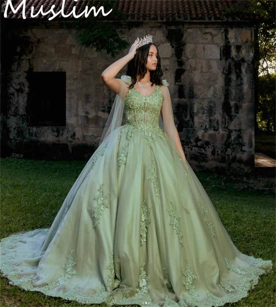 فساتين الأميرة الخضراء Quinceanera ، الأشرطة المثيرة ، الدانتيل زين ، فساتين حفلة موسيقية ، عيد ميلاد الفتيات Xv ، 15 سنة ،