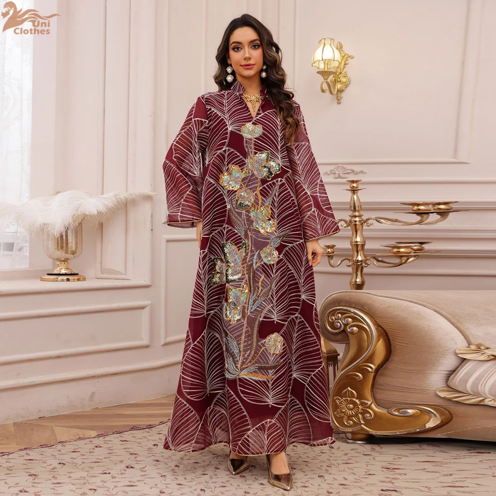 2025 nova malha lantejoulas bordado muçulmano abaya vestido longo islâmico modesto eid vestido de festa para mulher oriente médio