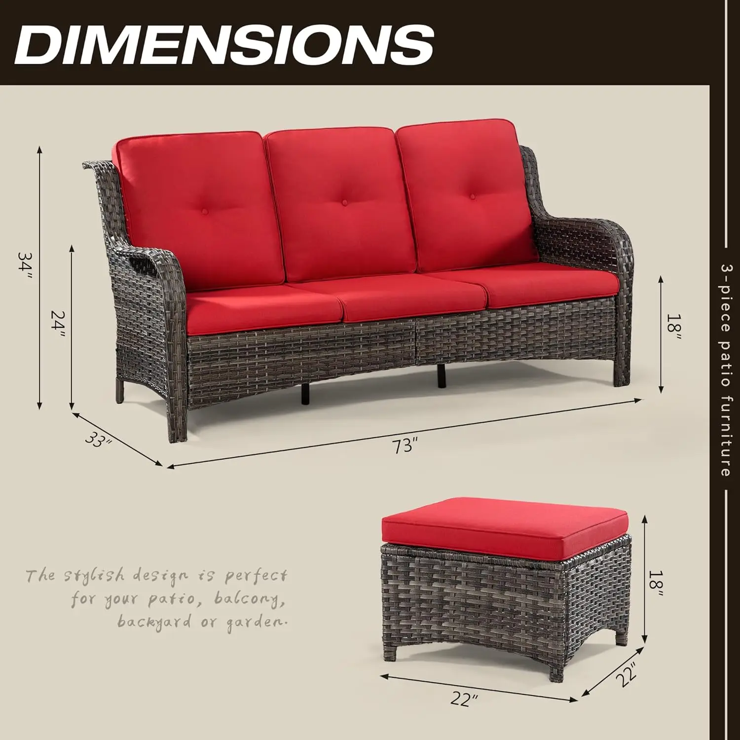 Patio Conversation Set - 3-Piece Wicker Patio Set, A 3-Seat Sofa and 2 Ottomans, Outdoor Wicker Patio Furniture, Cushions