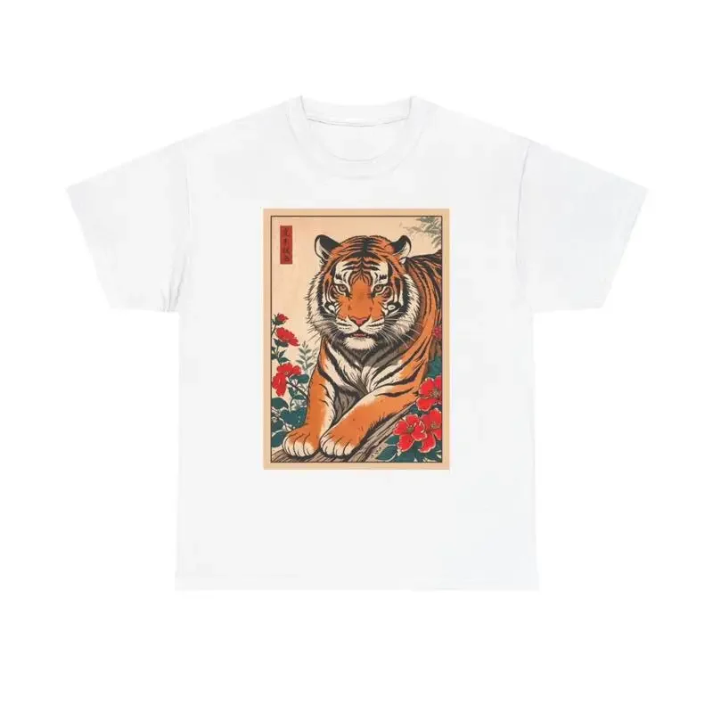 Tiger Postcard Japanese Art Zoo Flower T Shirt Heavy Cotton