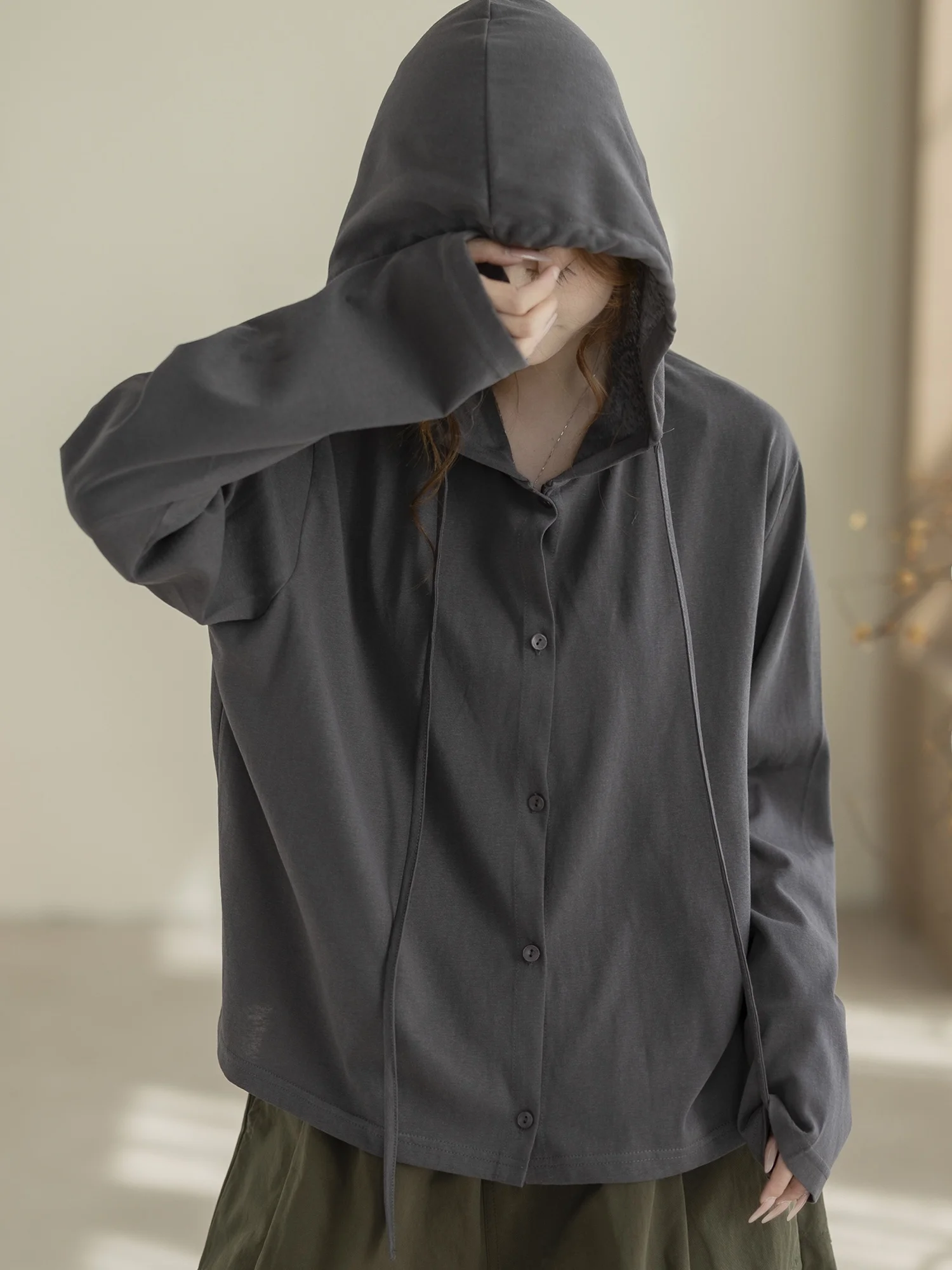 

Camiyu Retro Hooded Drawstring Shirt Style Jacket Women's Spring Autumn Loose Casual Long Sleeve Open Cardigan Top