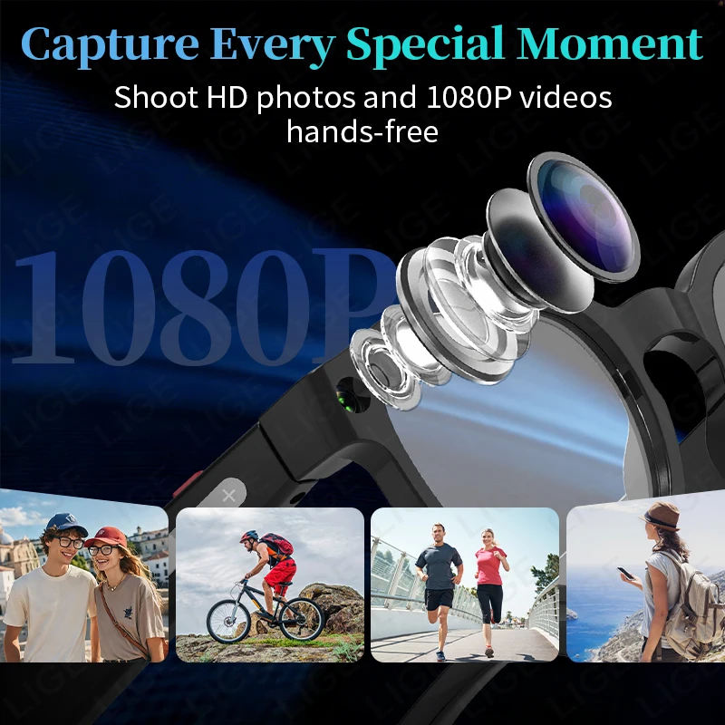LIGE New 1080P Camera Recording Wireless Call AI Glasses 500W Pixel Anti-shake Glasses AI voice control Men Women Smart Glasses view 4