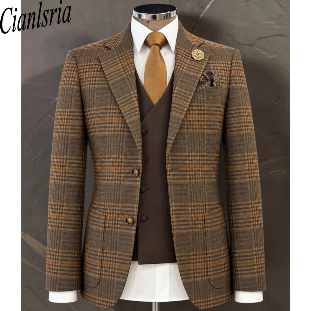 Men's 2 Piece Plaid Suit Slim Fit Brown Tweed Checked Blazer Pants Set Business Casual Wedding Groom Tuxedo