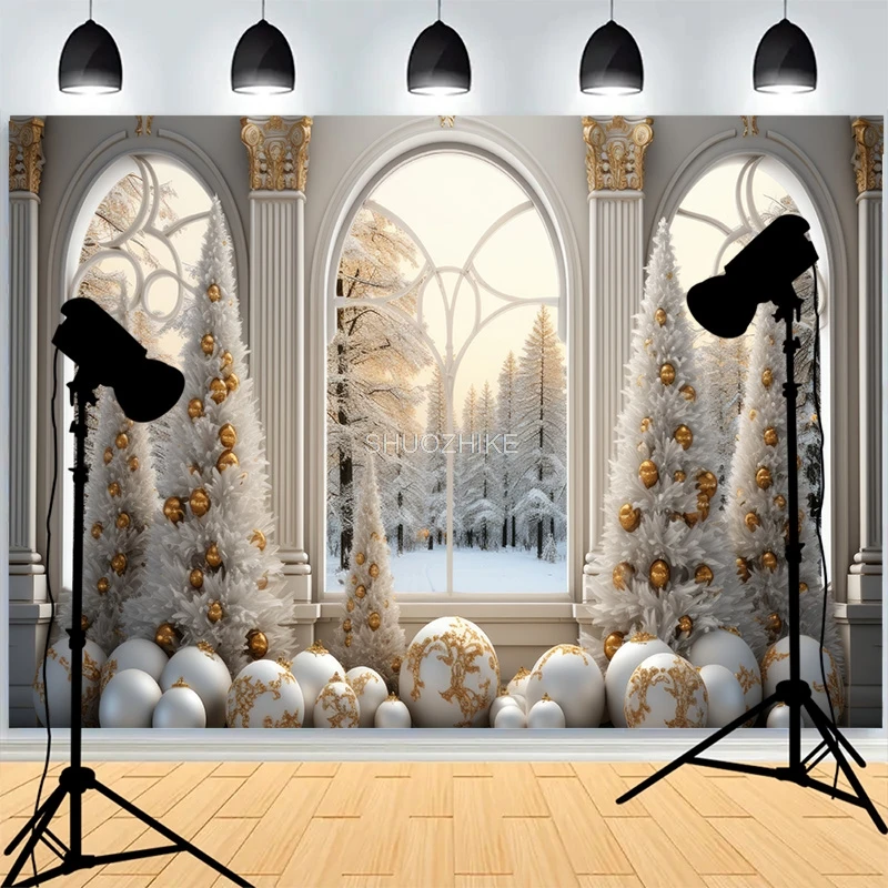 

Christmas Day Fireplace Photography Backdrops Large Window Living Room Interior Xmas Tree fireplace New Year Background XH-27