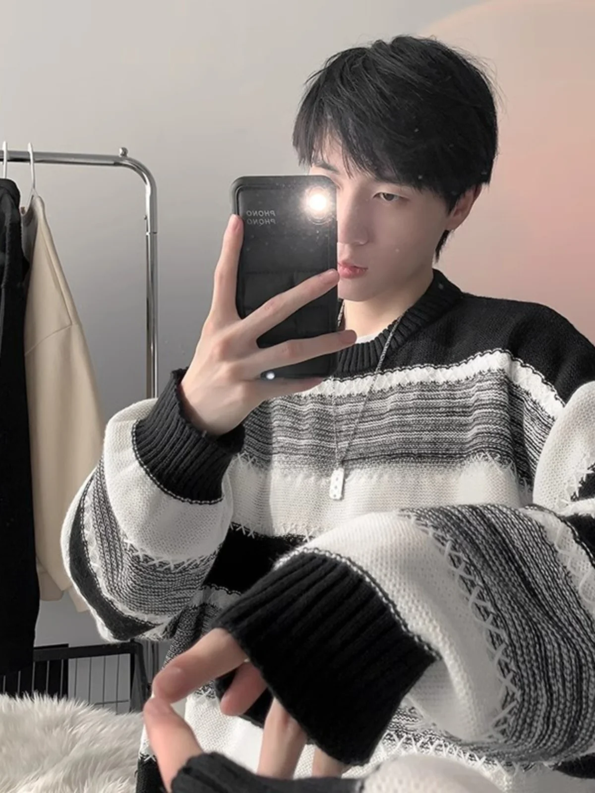 

Свободный крой, мужской трикотаж, осень-зима, ленивый дизайн в полоску, повседневный длинный свек, круглый, из полиэстера, молодежная мода